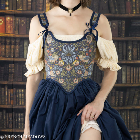 Load image into Gallery viewer, william morris strawberry thief corset tapestry corset elizabethan stays renaissance faire costume
