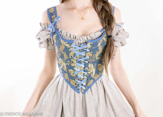 READY TO SHIP Blue and Gold Floral Renaissance Bodice