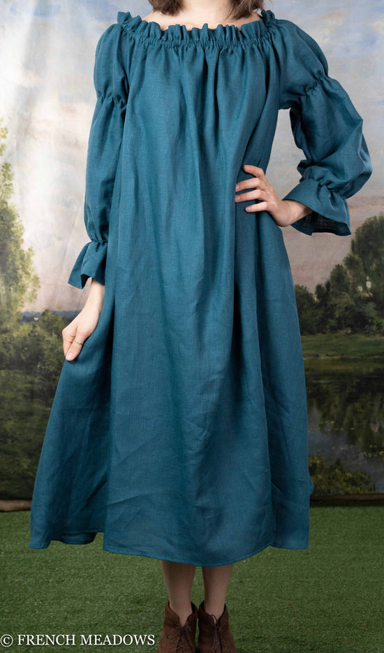 Teal Puff Sleeve Linen Chemise