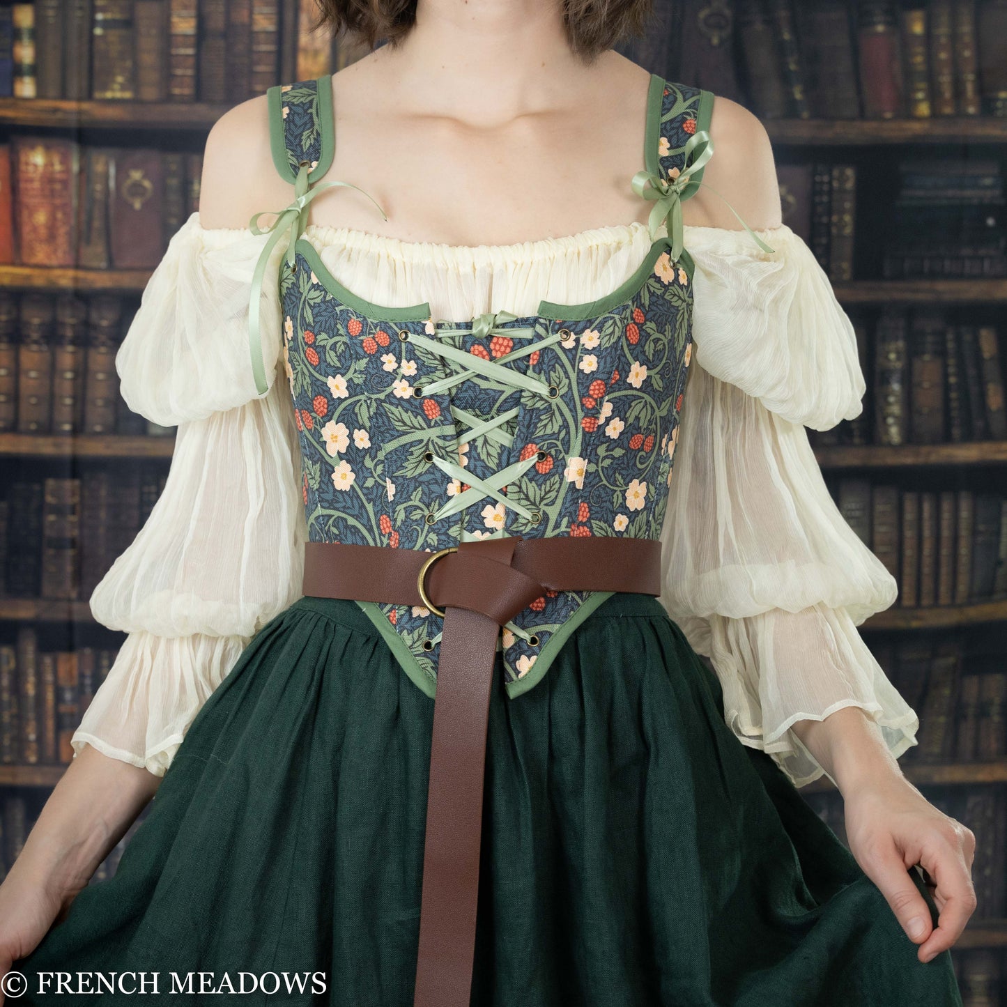 Load image into Gallery viewer, modeling wearing a william morris inspired renaissance ensemble
