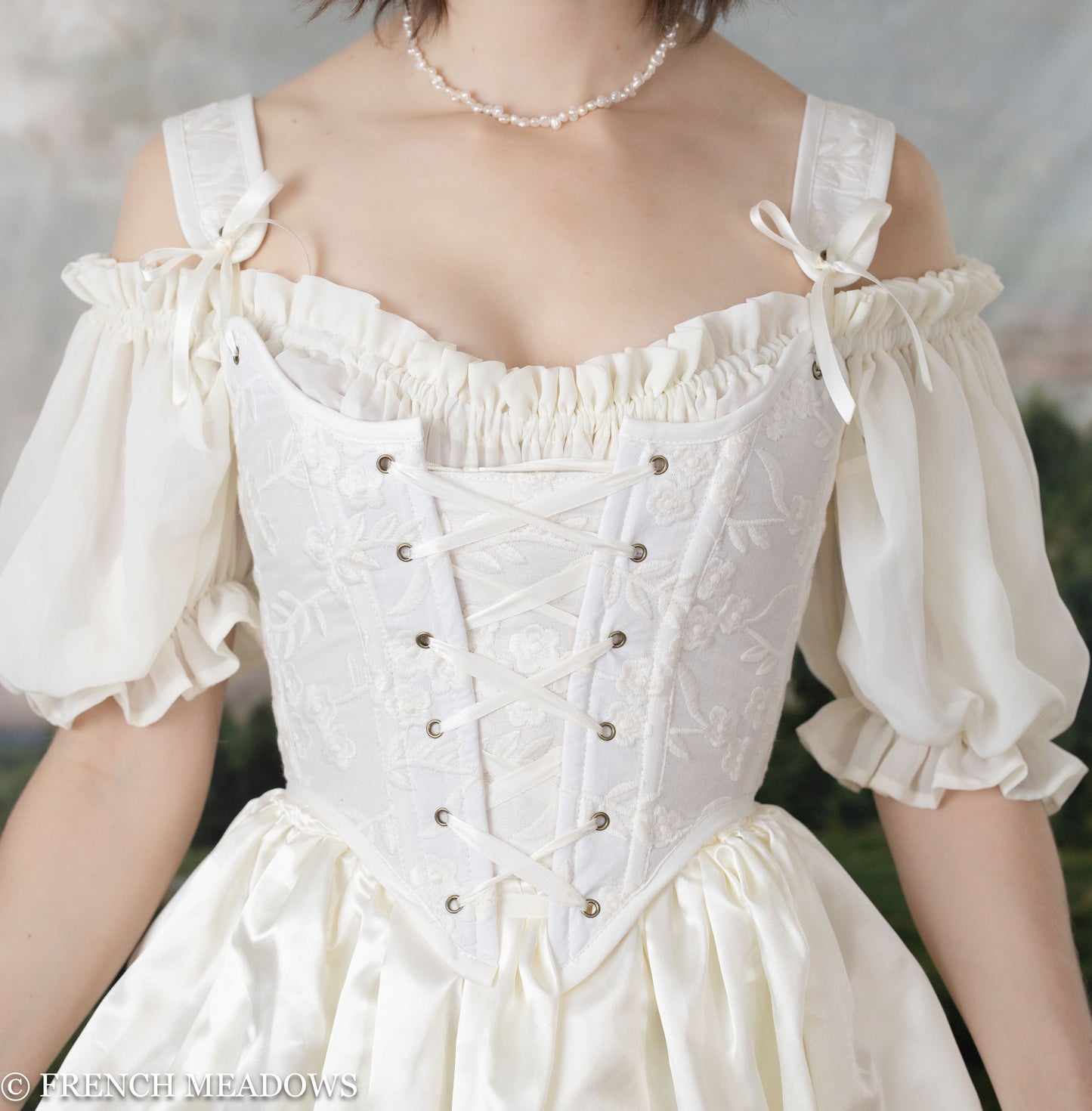 hobbit wedding dress with white floral corset
