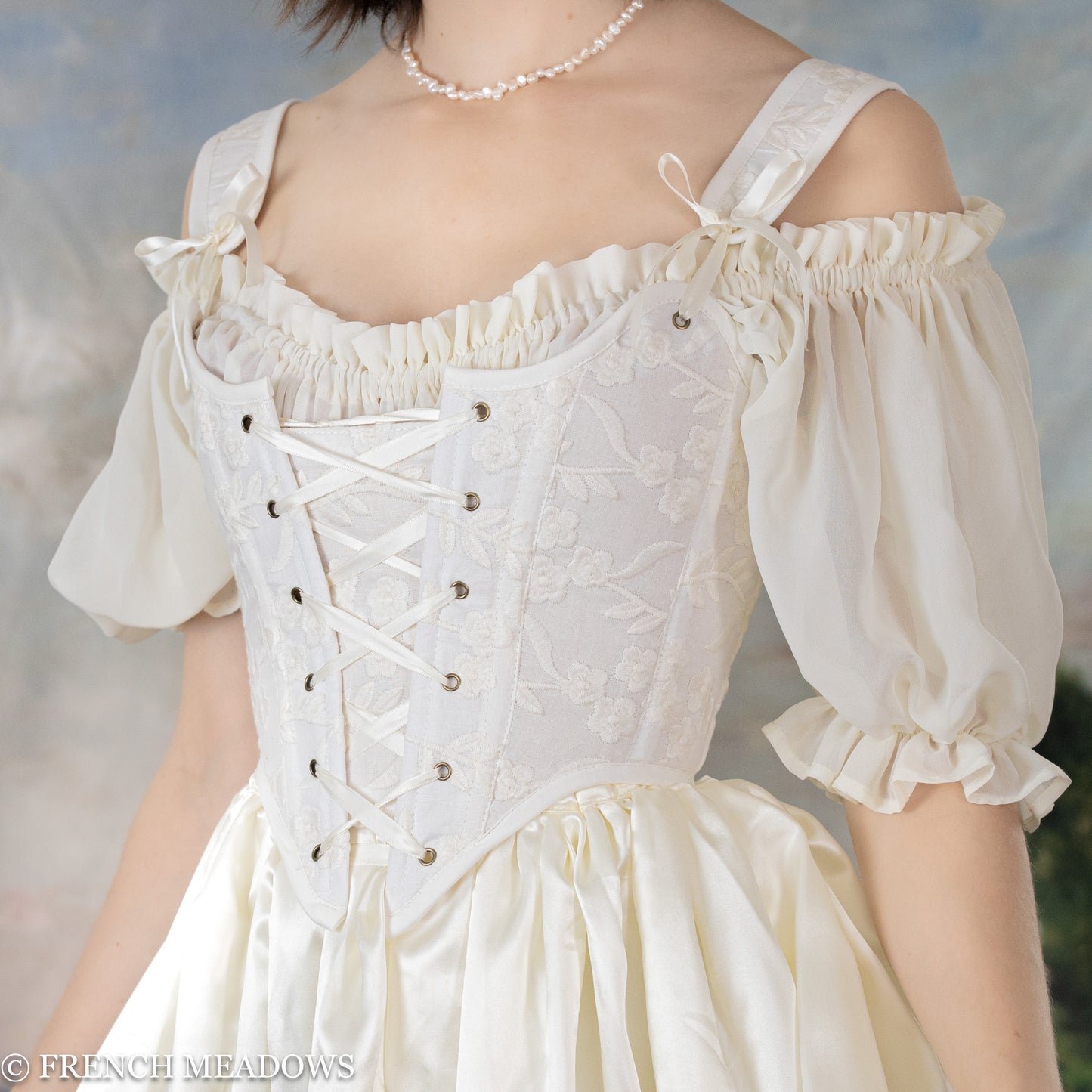 Load image into Gallery viewer, close up view of model wearing a renaissance corset for a medieval wedding dress
