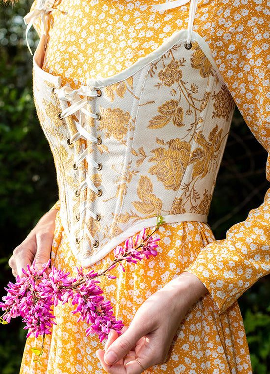 Load image into Gallery viewer, READY TO SHIP Yellow and White Floral Renaissance Corset
