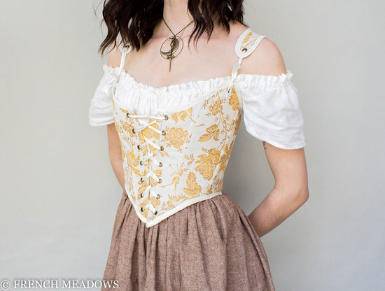 READY TO SHIP Yellow and White Floral Renaissance Corset